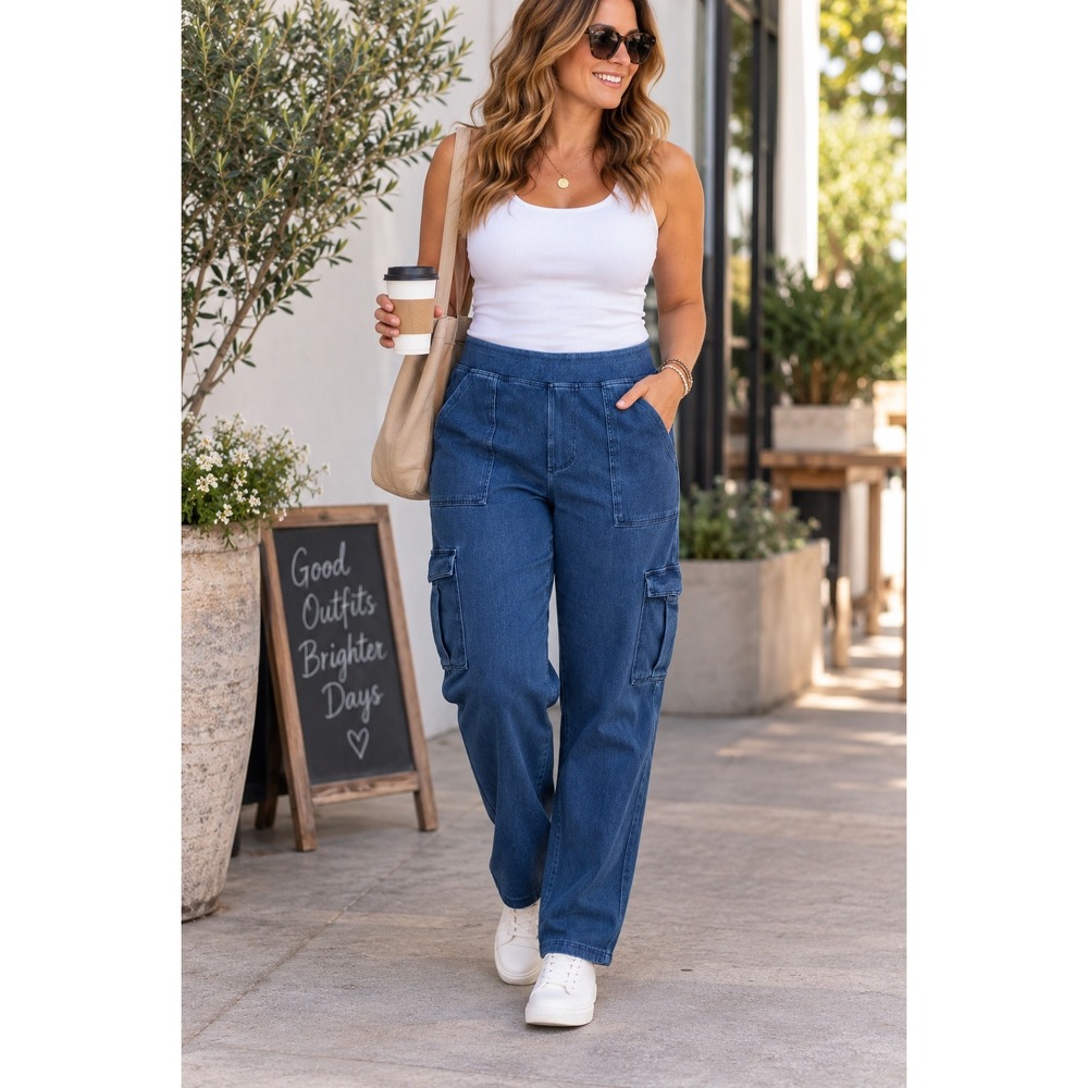 Halara Women XL Blue Denim Look High Waisted Straight Leg Cargo Pants Stretch